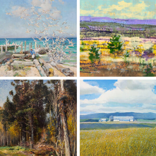 Four images of paintings, two stacked on the left are by artist Mathias Alten, two stacked on the right are by Armand Merizon.